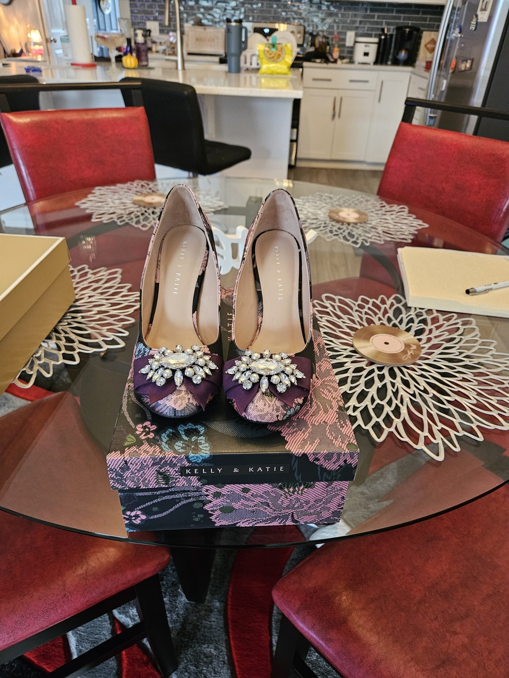 Kelly & Katie Purple Floral Jeweled Peep-Toe Heels